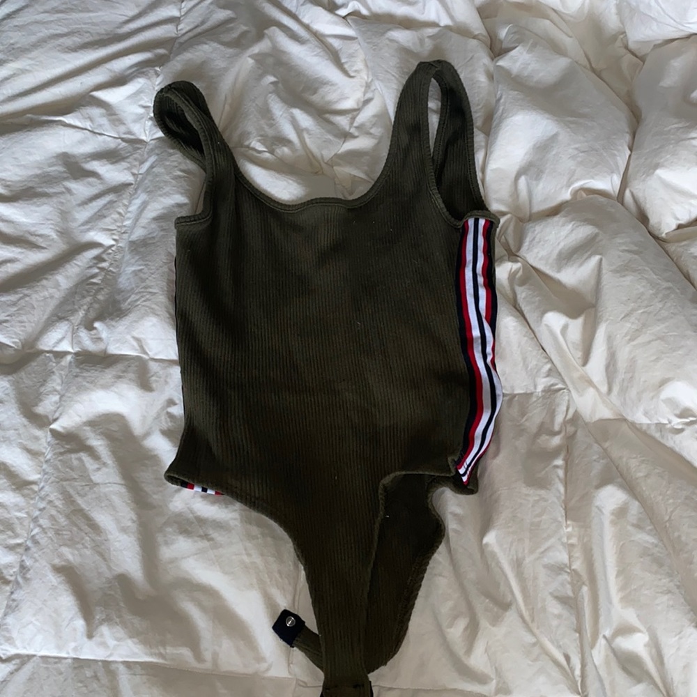 Green bodysuit with stripes on the side